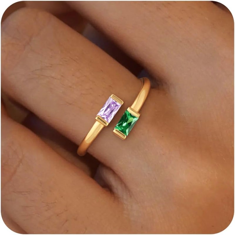 Honsny Gold Birthstone Rings for Women Non Tarnish 14K Gold Plated Adjustable Emerald Ring Cubic Zirconia Gemstone Promise Ring for Her Engagement Personalized Waterproof Jewelry Gifts for Birthday - Image 1